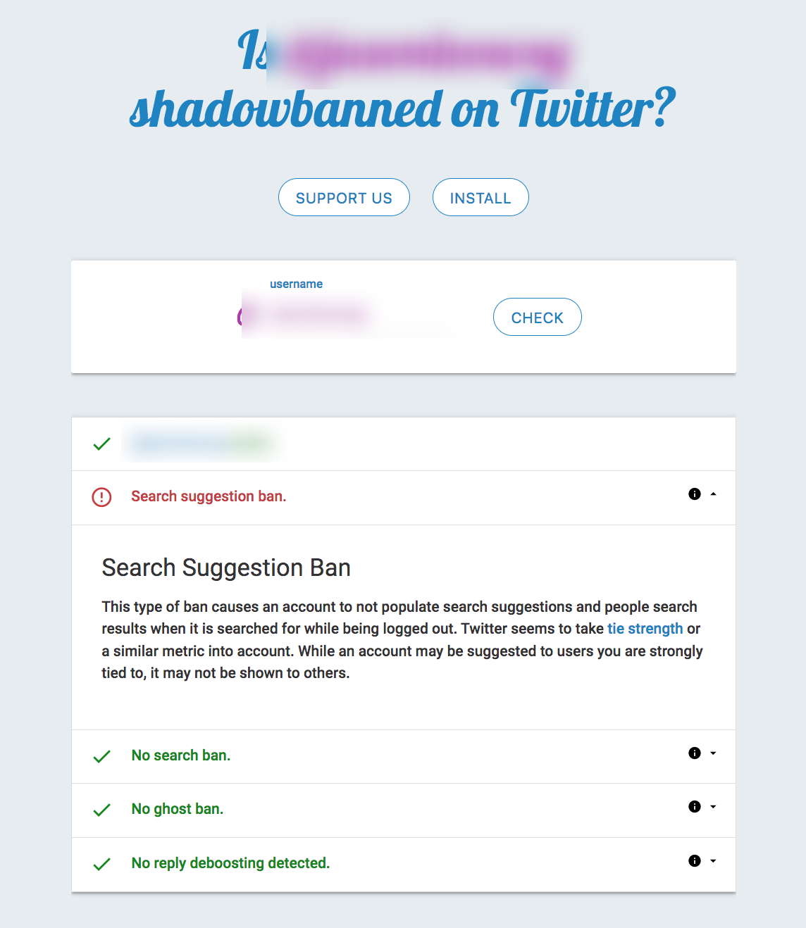 Shadowban diagnostic showing a search-suggestion ban (client handle blurred)