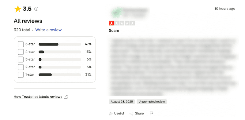 A Trustpilot profile dragged down to 3.5 stars by 1-star and fake reviews